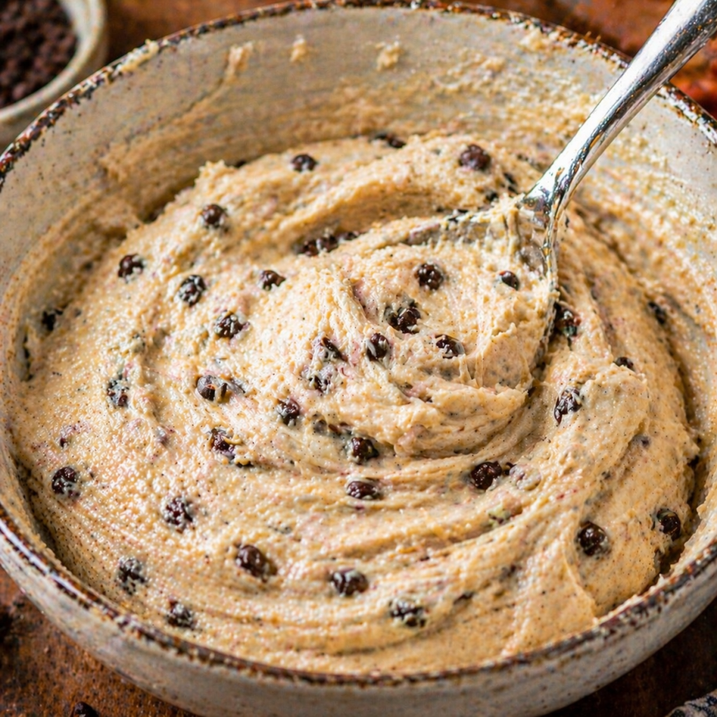 cookie dough dip being mixed in a bowl creamy texture with chocolate chips partially blended