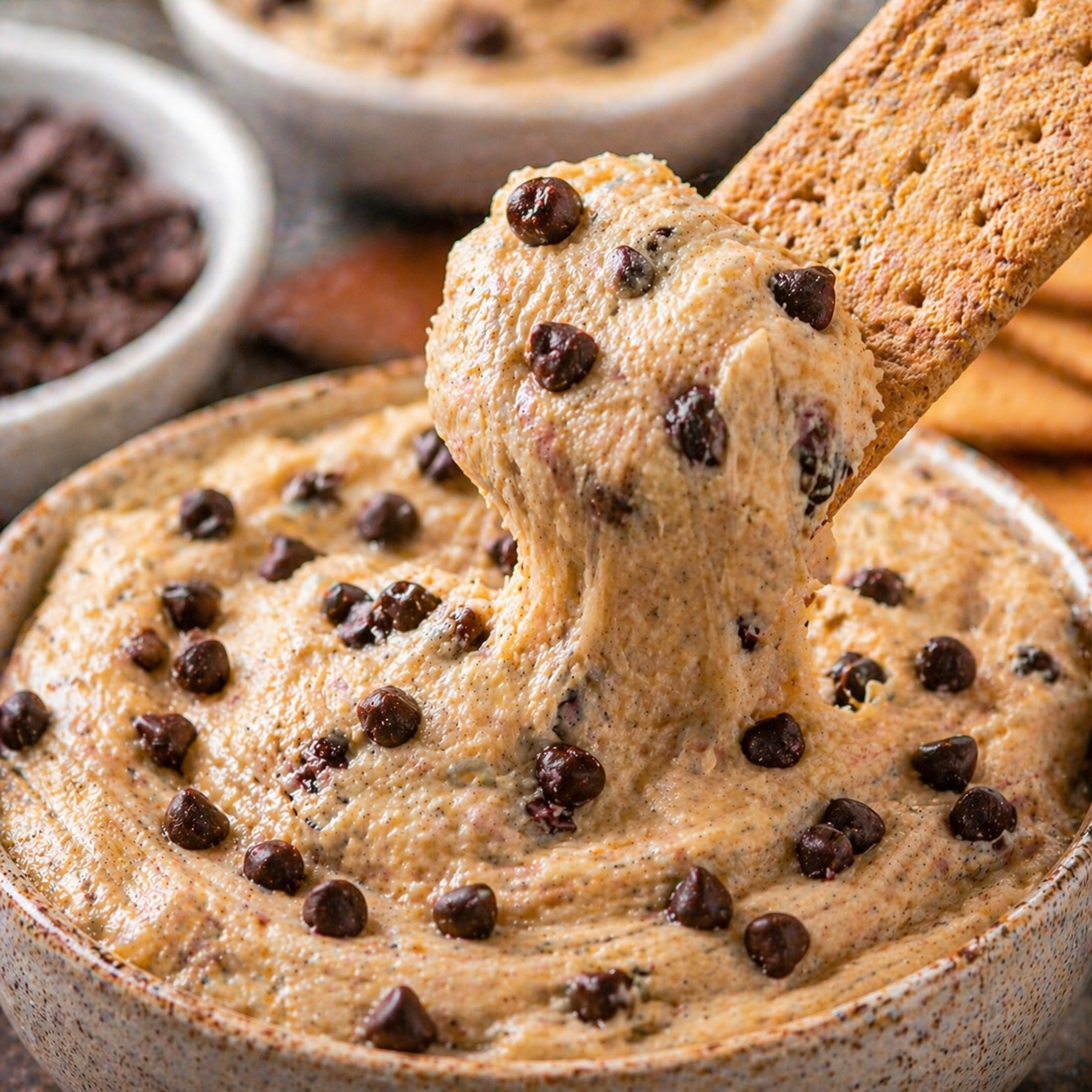 cookie dough dip with chocolate chips scooped with a cracker close up creamy texture
