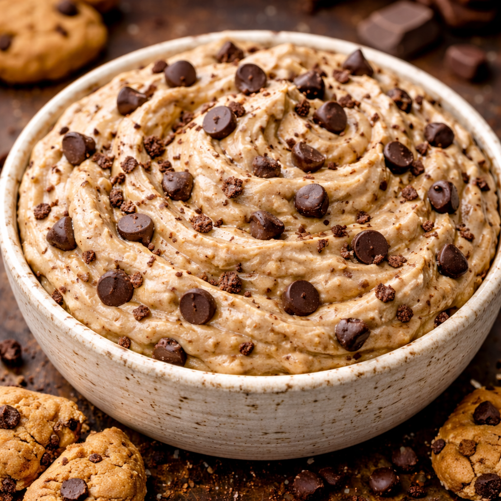 thick creamy cookie dough dip in a bowl with visible chocolate chips and soft swirled texture