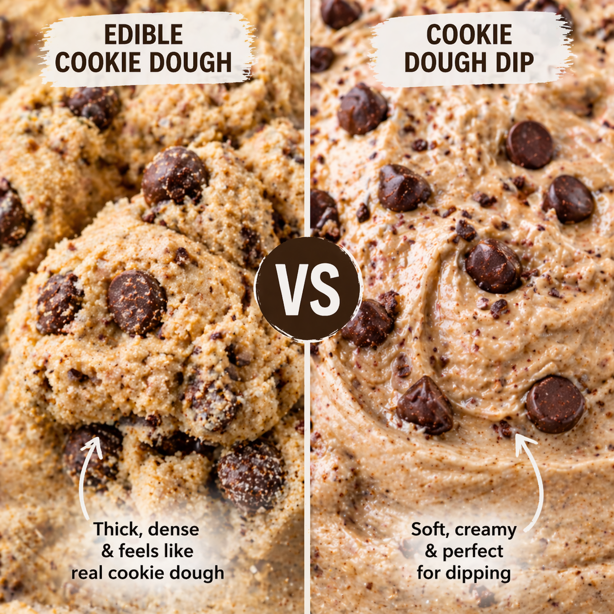 close up comparison of edible cookie dough and cookie dough dip textures showing dense crumbly dough vs smooth creamy dip