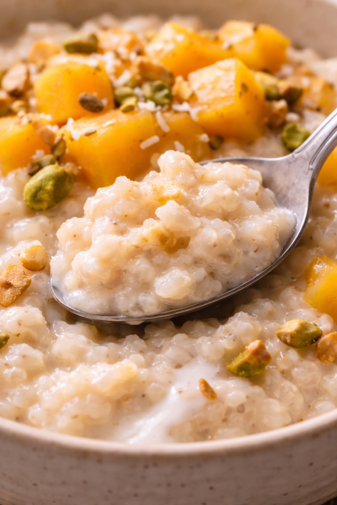 creamy rice pudding texture close up with mango and soft rice grains dessert
