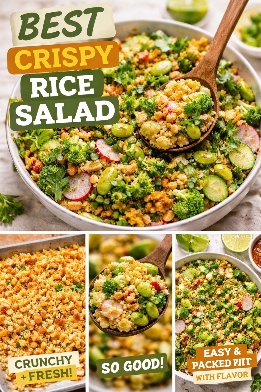 Crispy rice salad with fresh vegetables and herbs shown in a collage with step by step visuals and bold text overlay