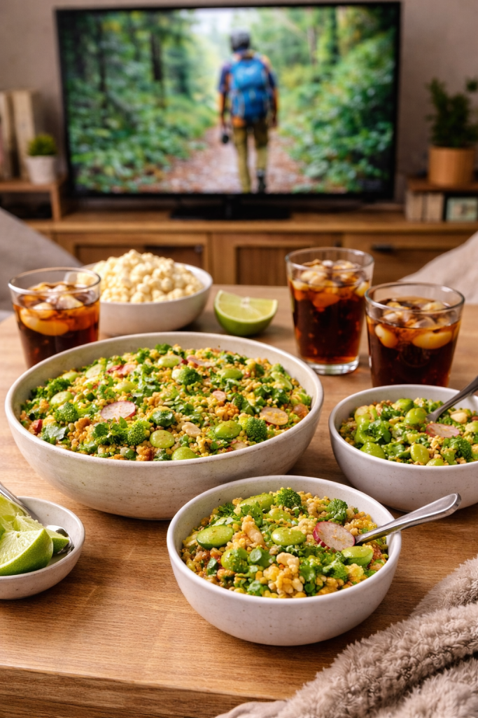 Crispy rice salad served in a large bowl with smaller portions on a coffee table with glasses of cola and TV in the background