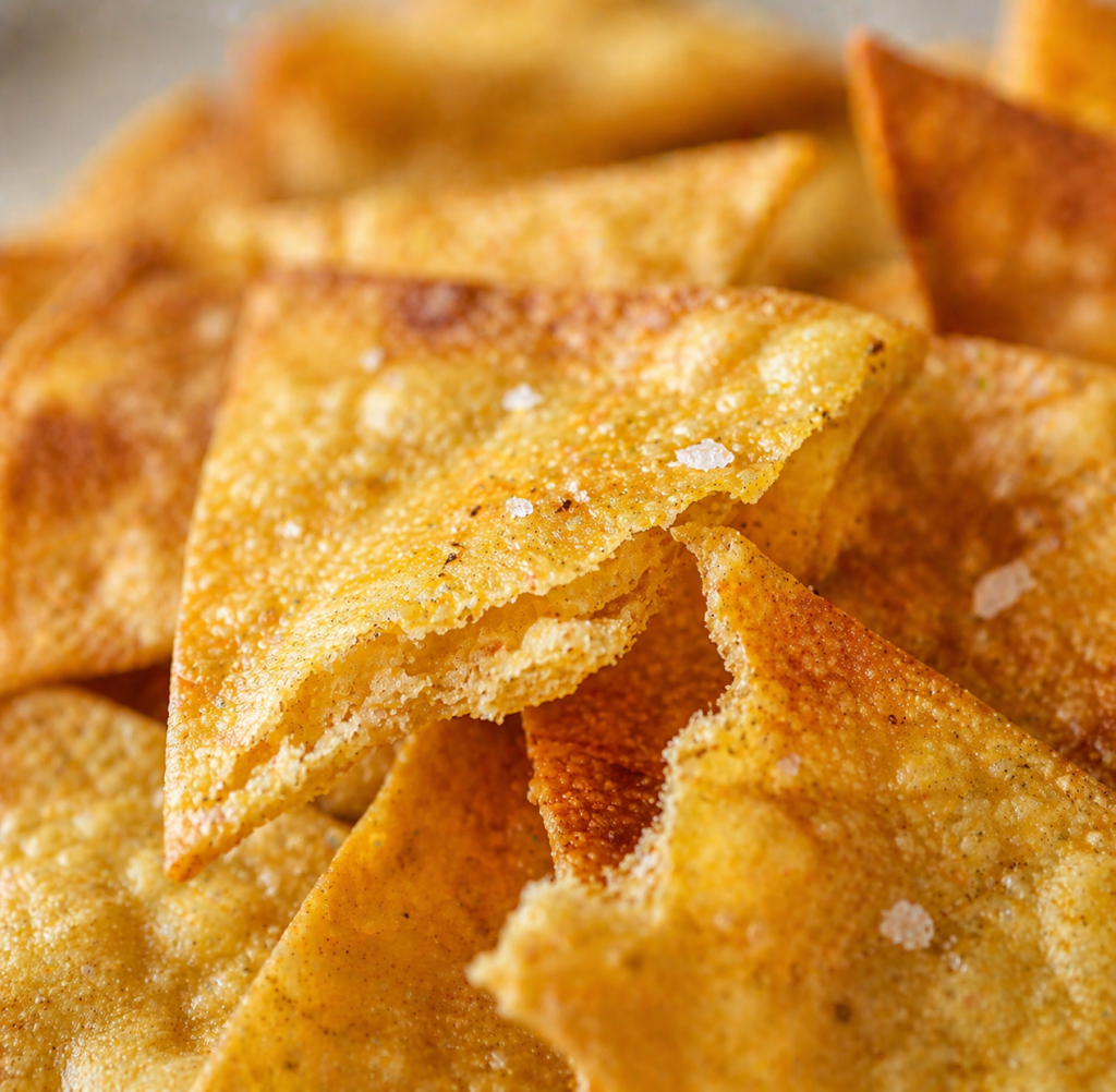 close up of broken crispy tortilla chip showing crunchy texture and golden baked surface