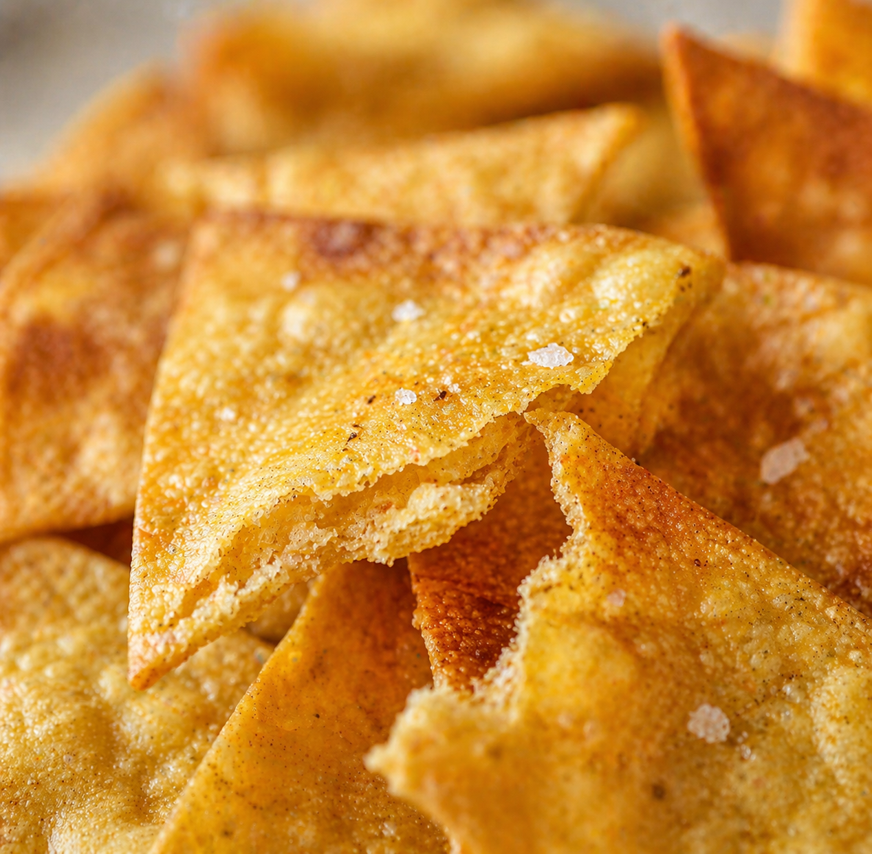 close up of broken crispy tortilla chip showing crunchy texture and golden baked surface