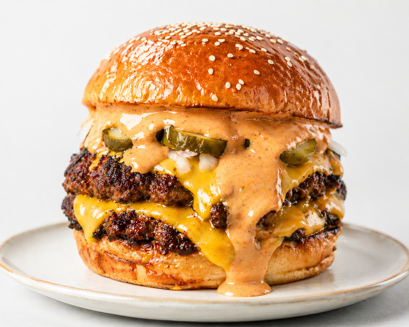 smash burger with creamy sauce dripping over melted cheese showing rich homemade burger sauce