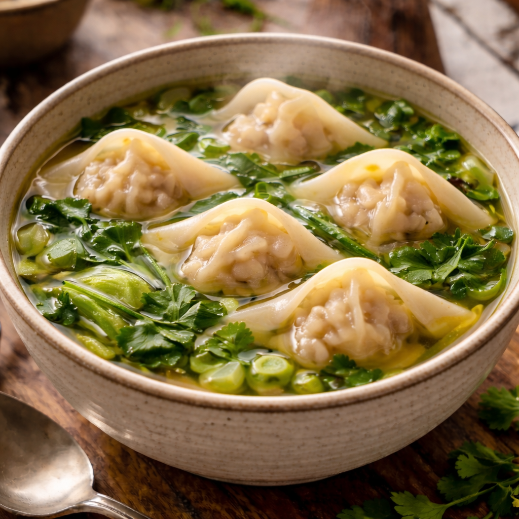 easy wonton soup recipe with chinese wonton dumplings in clear broth with herbs and greens