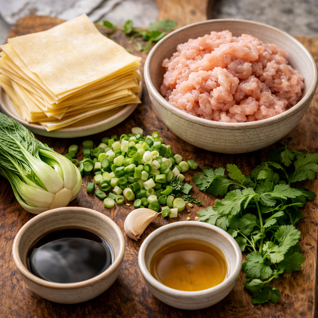 ingredients for easy wonton soup recipe with wonton wrappers ground chicken green onions soy sauce and herbs