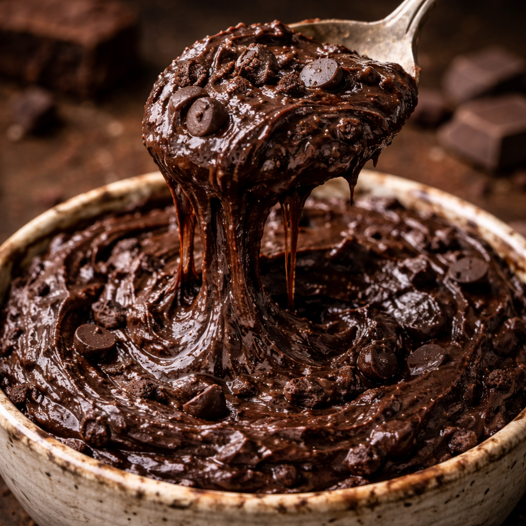 spoon lifting thick edible brownie batter with glossy chocolate dripping back into bowl