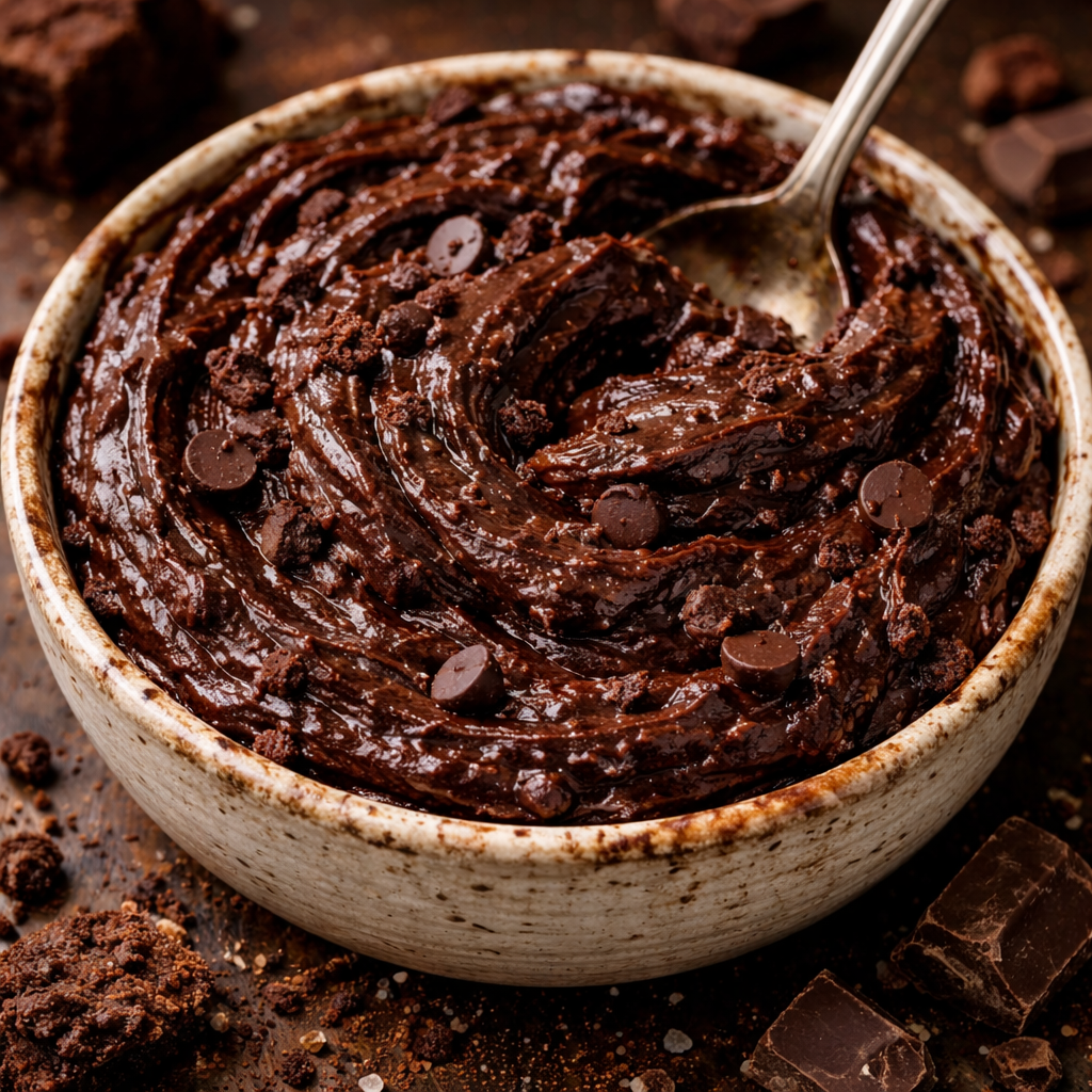thick edible brownie batter in a bowl with rich chocolate texture and visible chocolate chunks