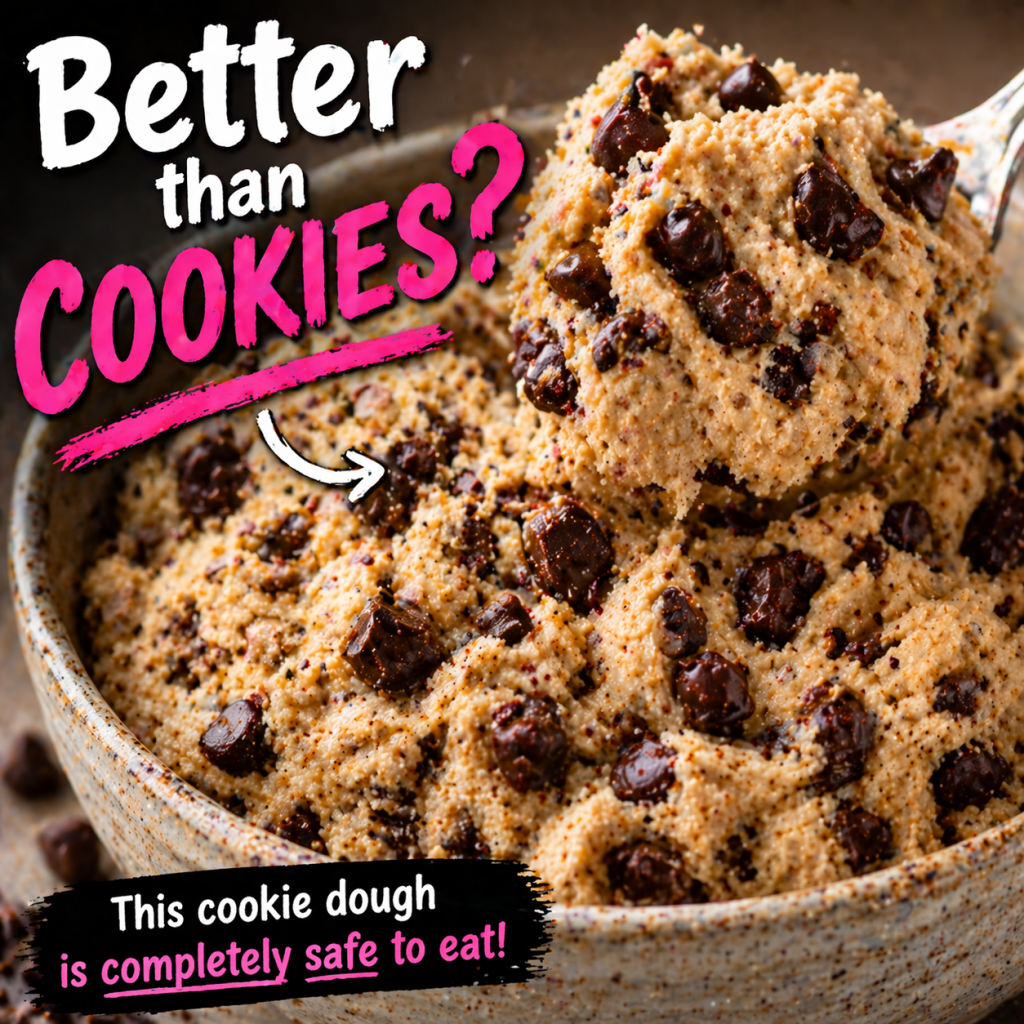 thick edible cookie dough with chocolate chips in a bowl with text better than cookies safe to eat