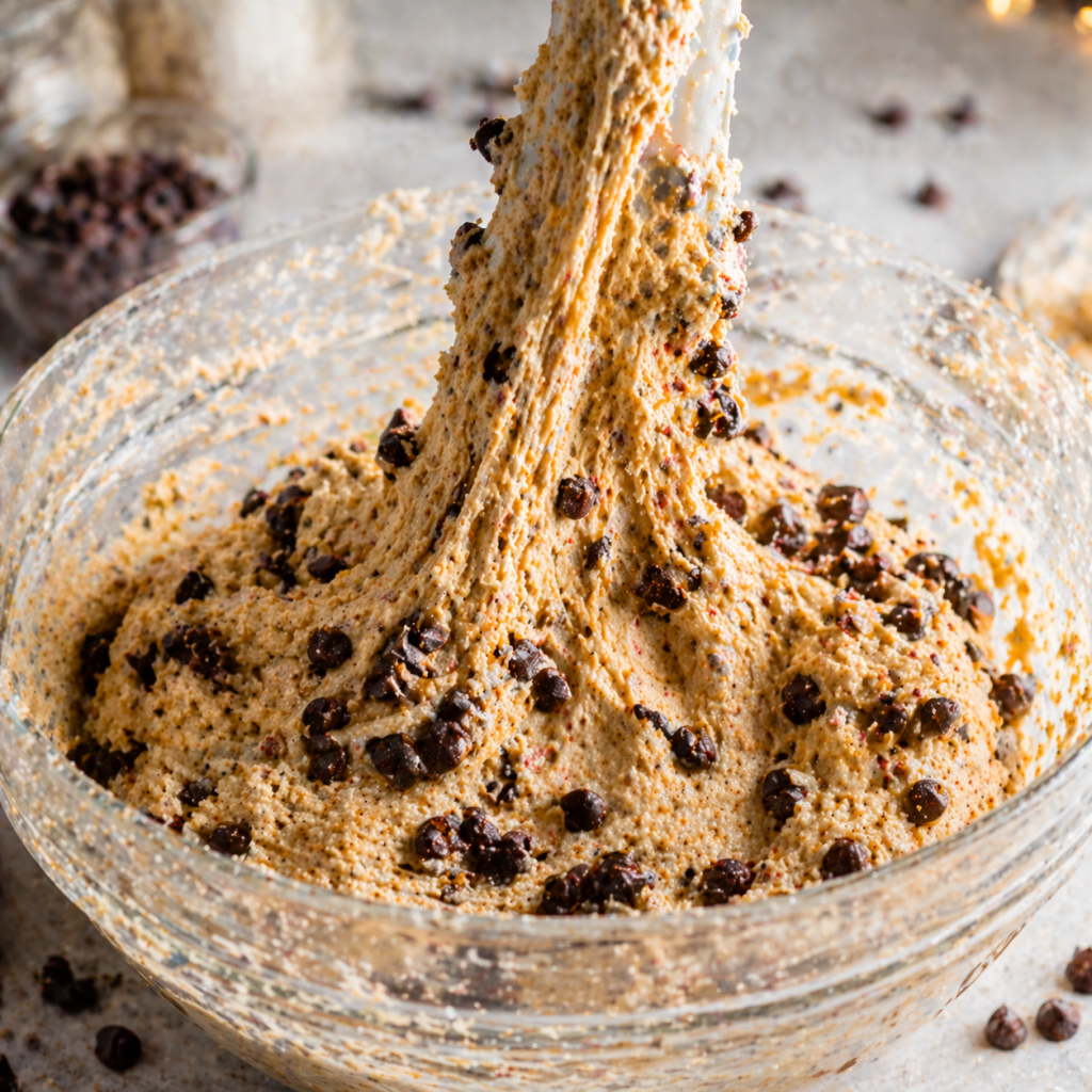 thick edible cookie dough stretching upward with chocolate chips in a bowl