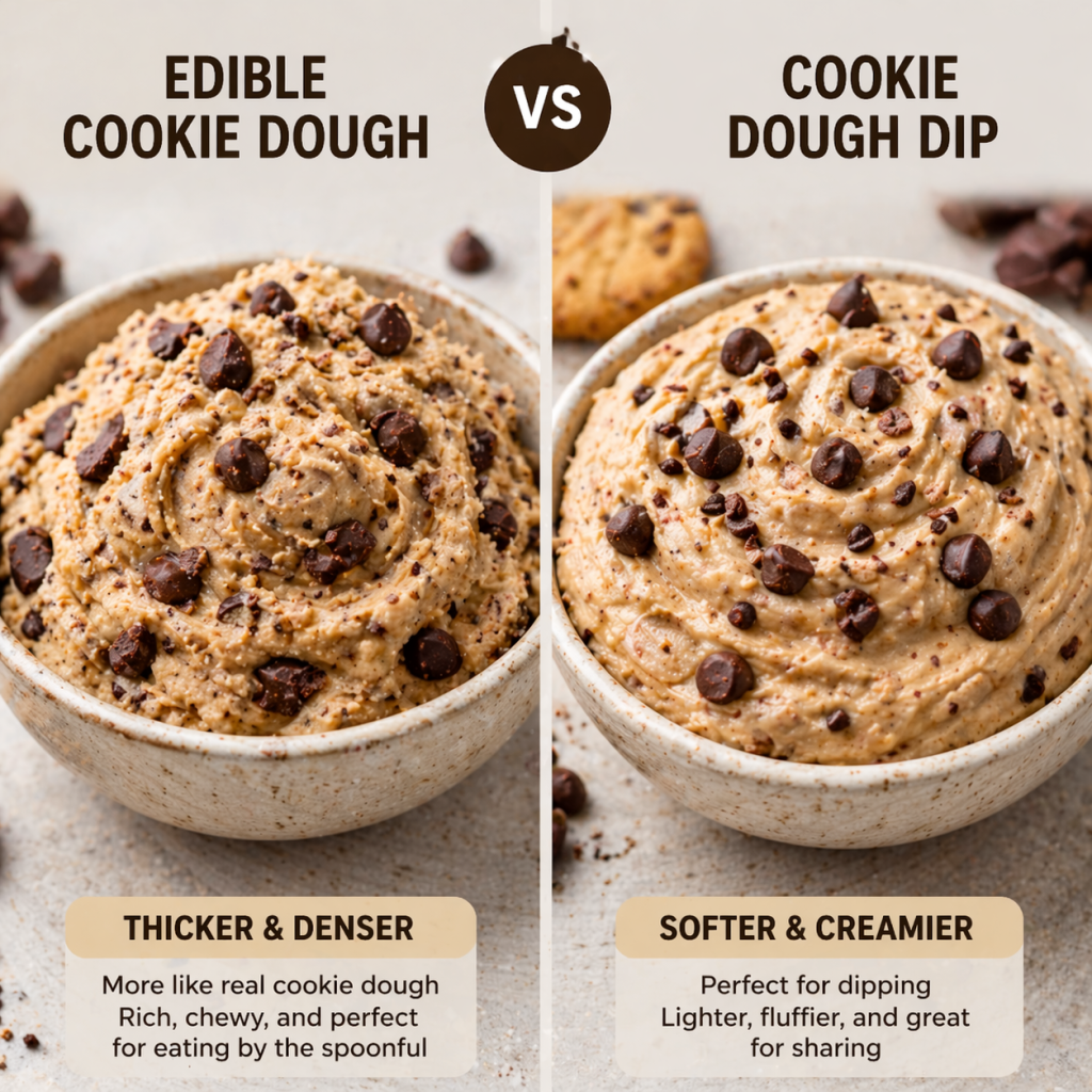 side by side comparison of edible cookie dough and cookie dough dip showing thick dense texture vs soft creamy texture