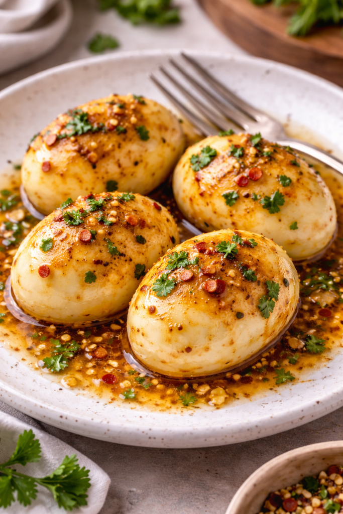 egg boil recipe served on plate with garlic butter sauce and spices appetizer style