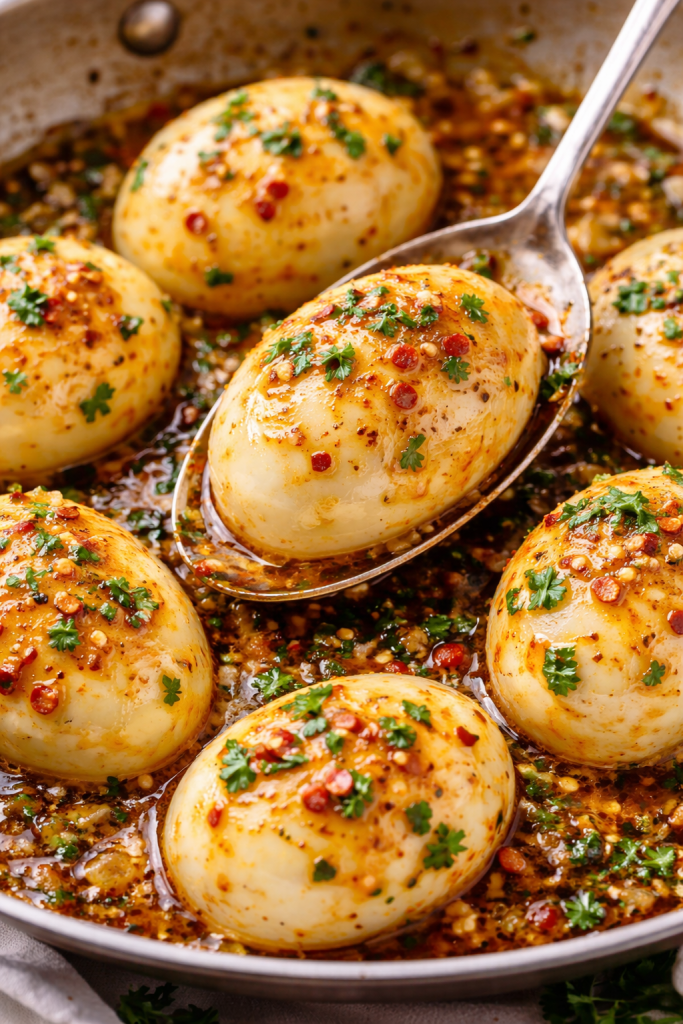 viral egg boil recipe with boiled eggs in spicy garlic butter sauce close up