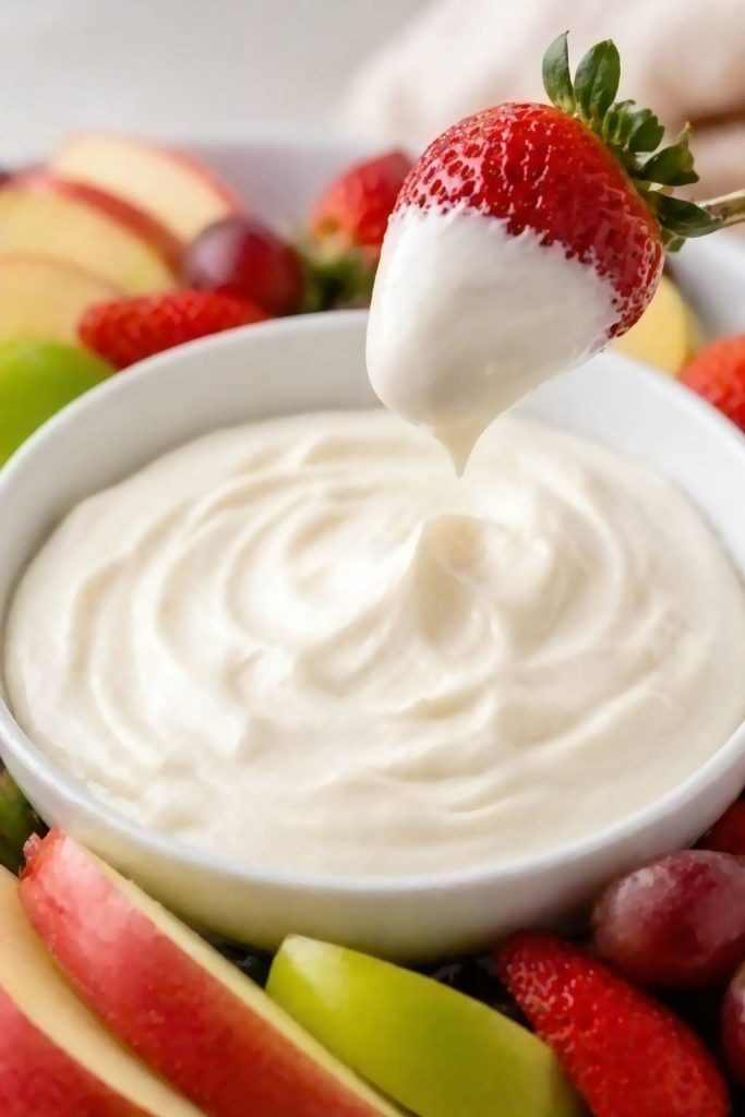 strawberry dipped in creamy fruit dip with smooth texture close up with fresh fruit around