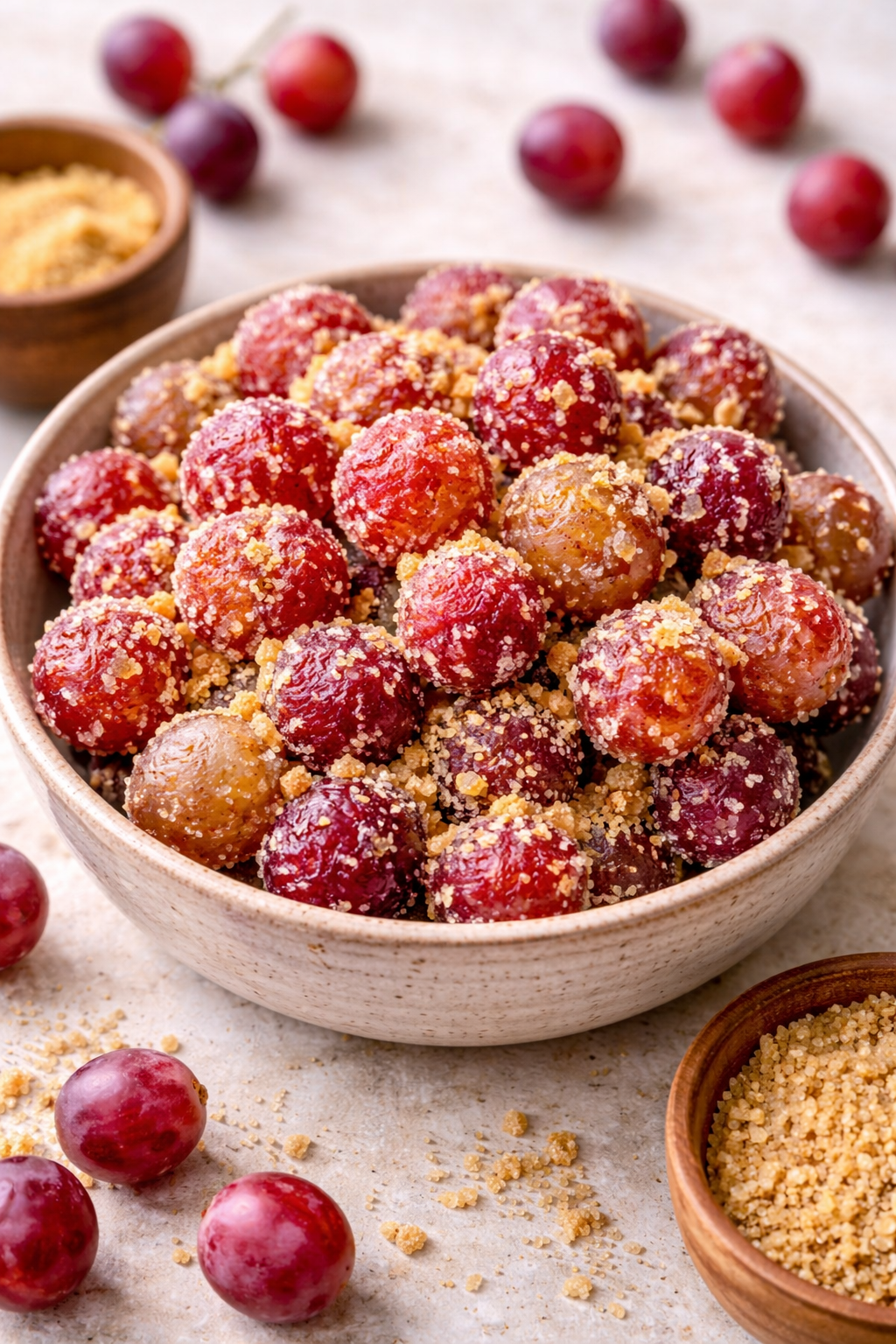 Ginger snap grapes coated in sugar and spices in a bowl with fresh grapes scattered in the background
