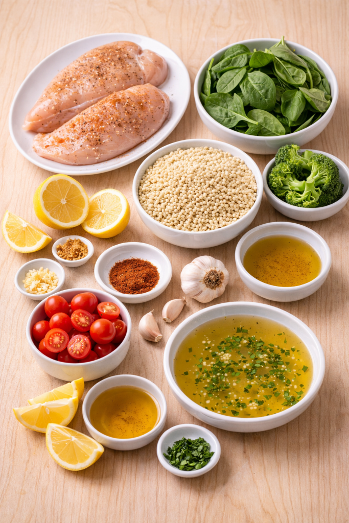 Ingredients for grilled chicken couscous bowl arranged on a light wooden table including chicken, couscous, spinach, broccoli, lemon and spices