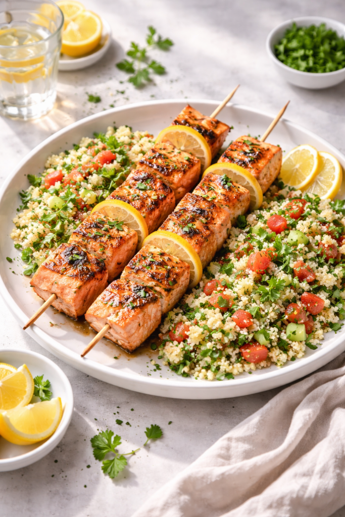 Grilled salmon skewers served with fresh tabbouleh on a light background in natural daylight
