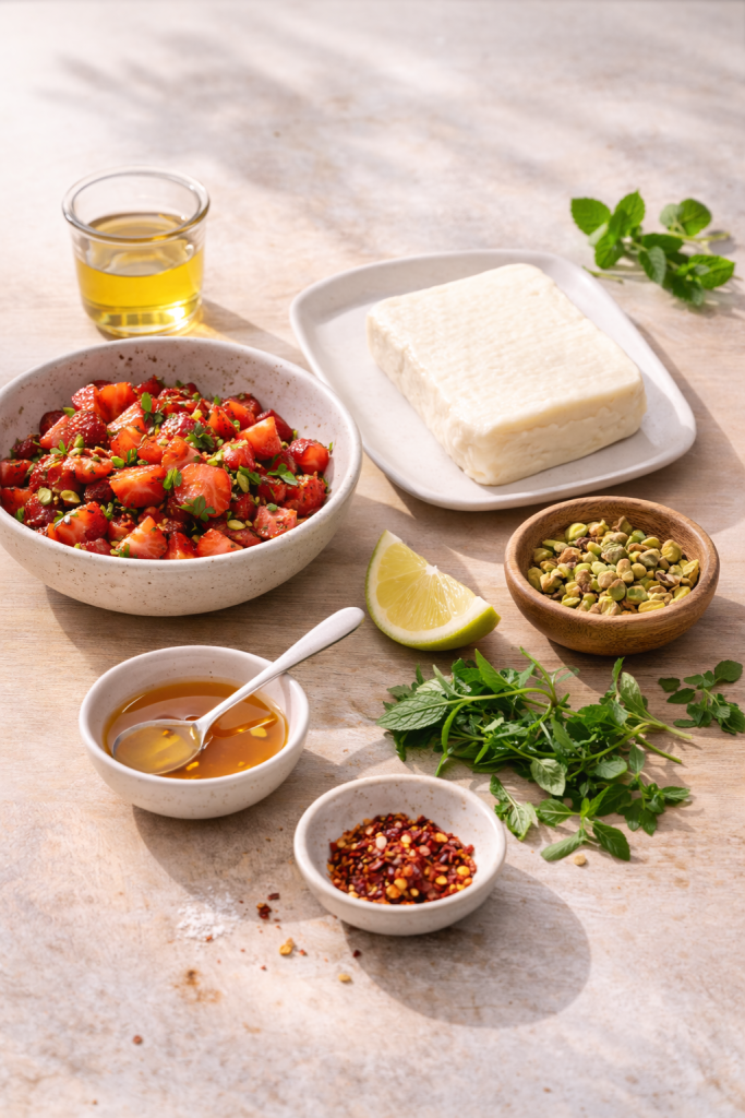 ingredients for halloumi strawberry pistachio dish on light wooden table natural light