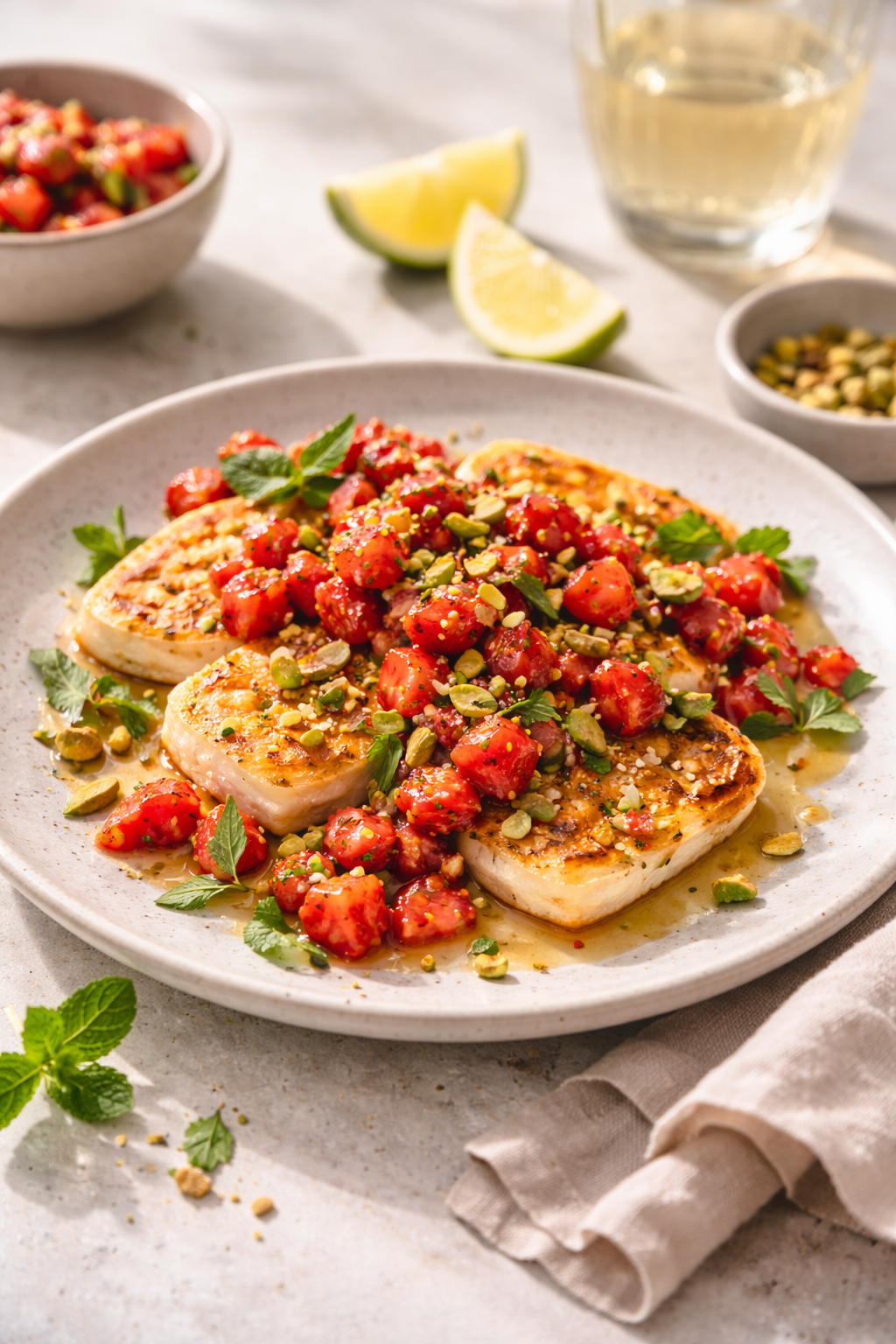 halloumi with strawberry salsa and pistachios served on ceramic plate natural light