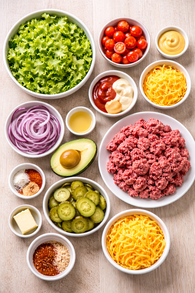 ingredients for hamburger bowls recipe arranged on a light wooden table with ground beef lettuce tomatoes cheese pickles and sauce