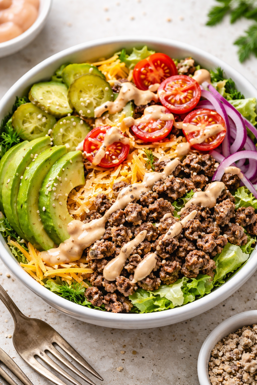 hamburger bowls recipe with ground beef lettuce tomato avocado and creamy burger sauce