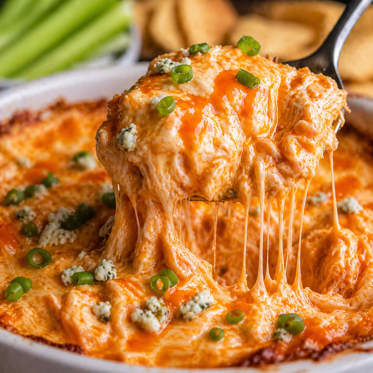 spoon lifting creamy honey buffalo chicken dip with melted cheese pull and shredded chicken texture