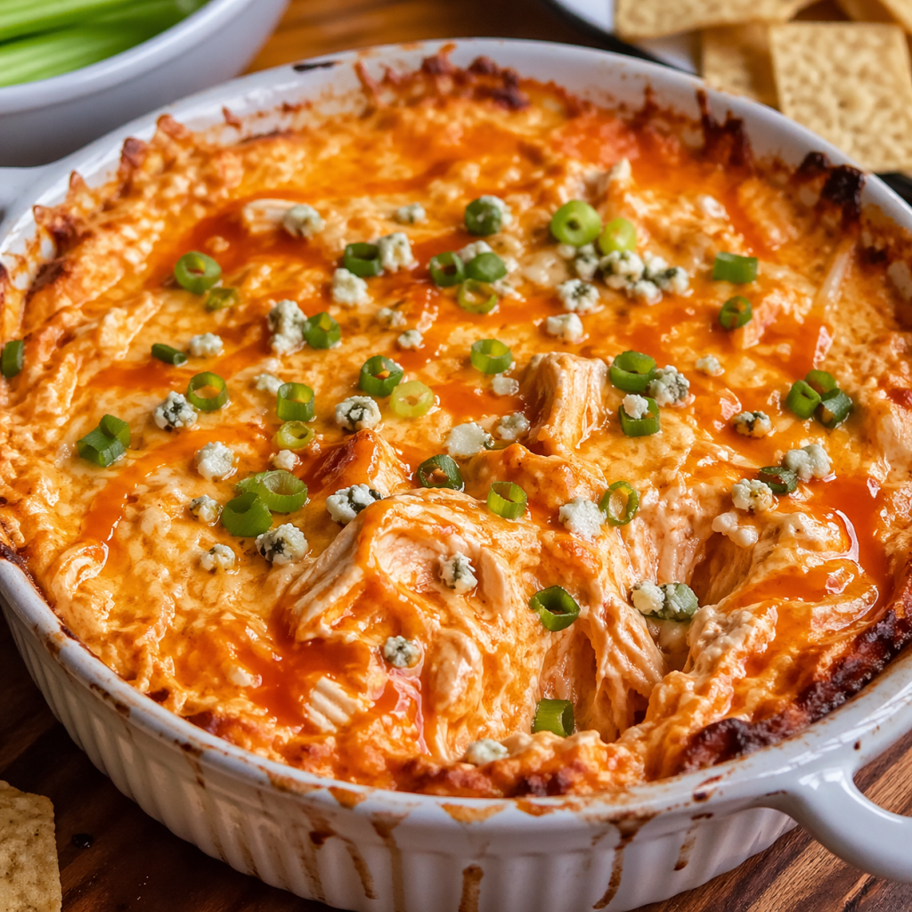 creamy honey buffalo chicken dip baked with melted cheese and slightly crispy edges in a rustic dish