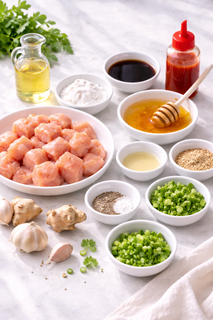 Ingredients for honey Korean chicken arranged on a bright kitchen counter with chicken, garlic, ginger, soy sauce and honey