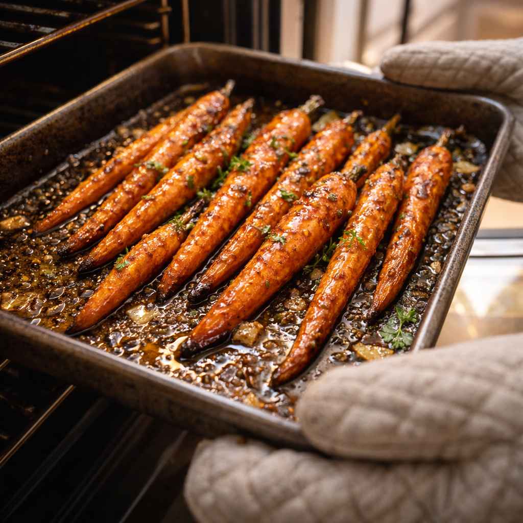 roasted carrots with honey on baking tray being taken out of oven caramelized glaze