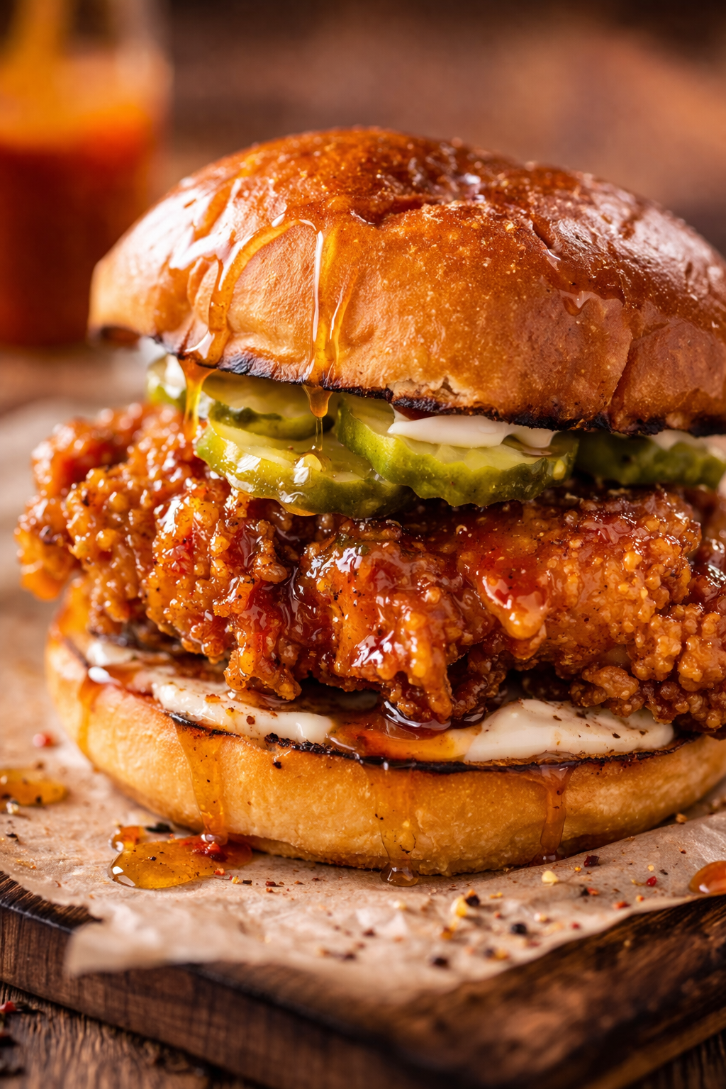 hot honey chicken sandwich close up with crispy chicken and dripping sweet spicy sauce