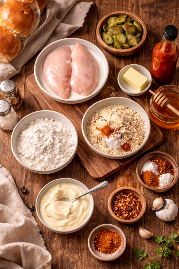 ingredients for hot honey chicken sandwich spread on wooden table natural light