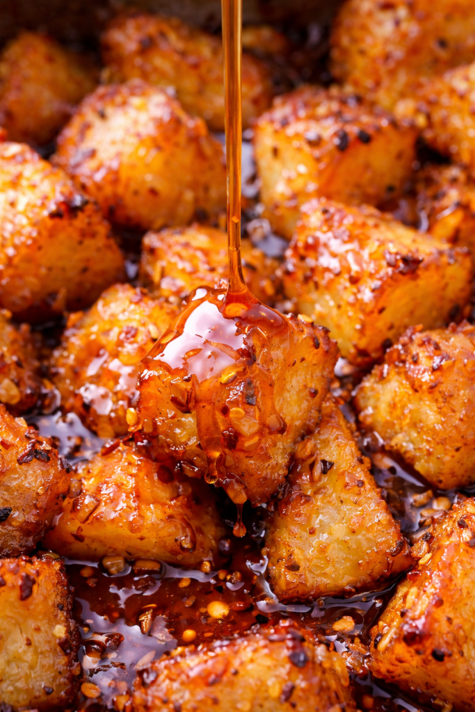 Hot honey roast potatoes with crispy edges and sticky spicy honey glaze dripping over golden roasted potatoes