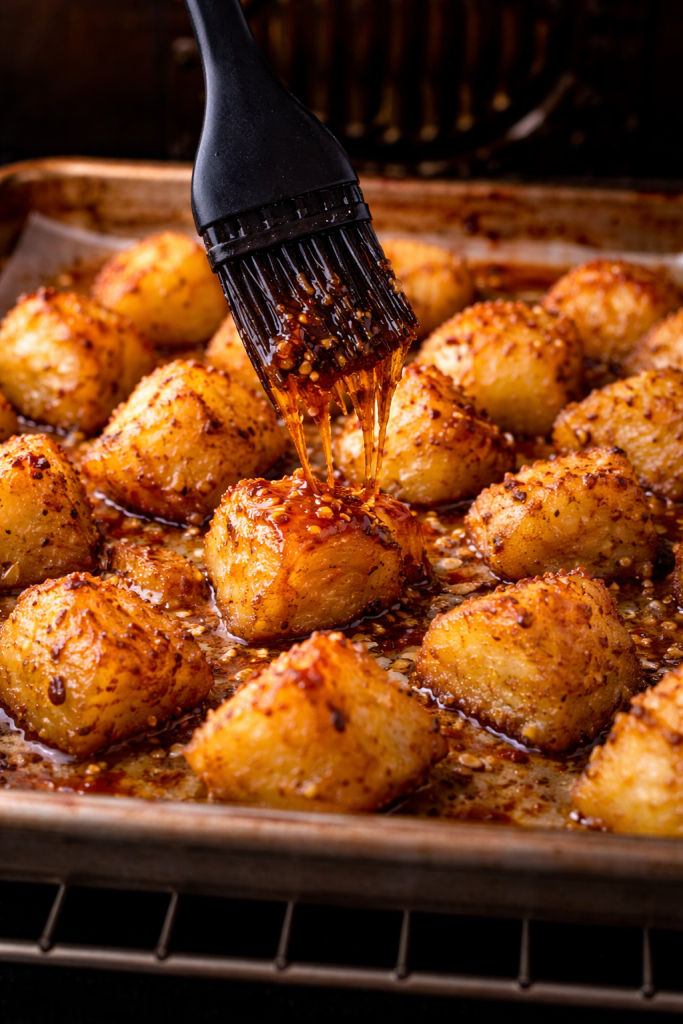 Brushing hot honey glaze over crispy roasted potatoes on a baking tray during cooking process