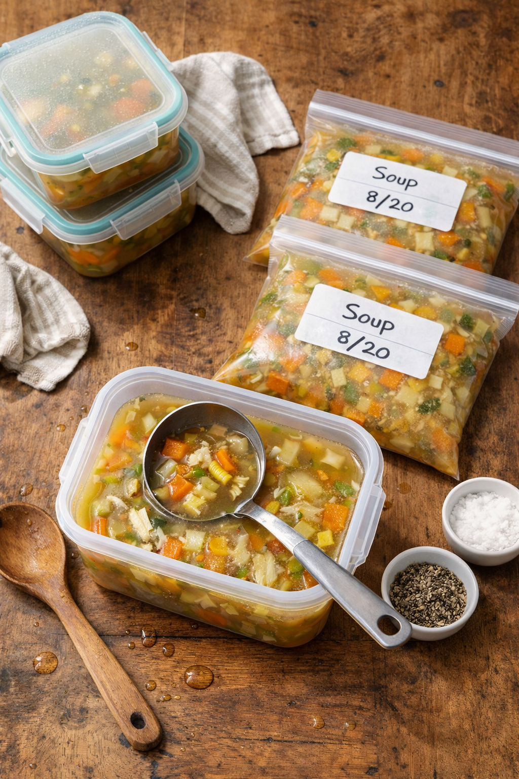 Portioning soup into containers and freezer bags with handwritten labels on a wooden kitchen surface in natural light