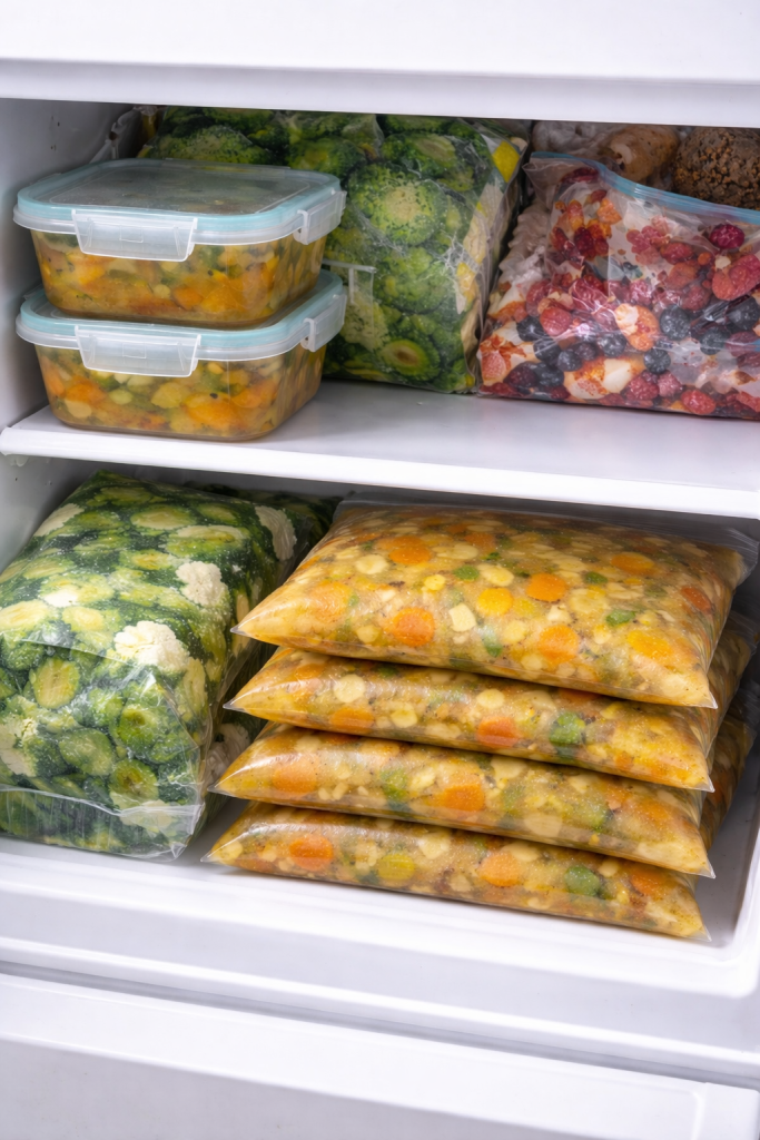 Homemade soup stored in containers and freezer bags on freezer shelves, organized for easy meal prep