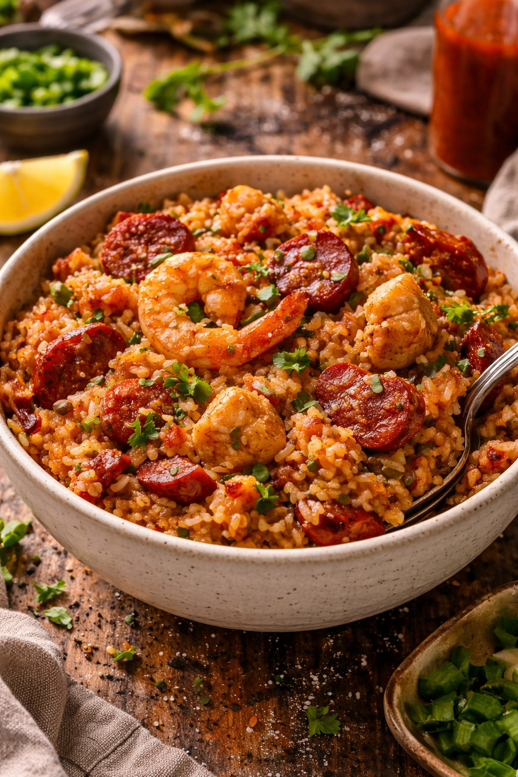 jambalaya recipe with chicken sausage shrimp and rice in bowl easy one pot dinner