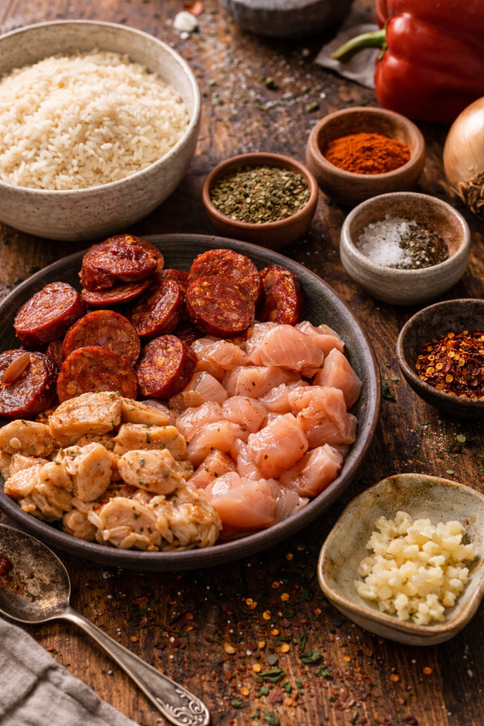 ingredients for jambalaya recipe with rice sausage chicken and cajun spices on wooden table