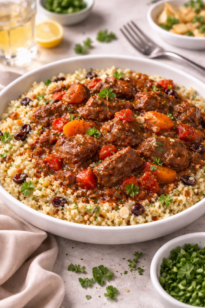 Lamb stew served over couscous on an elegant dinner table, plated whole and viewed from a slight distance
