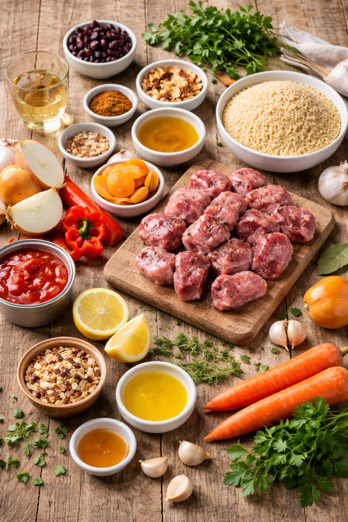 Ingredients for lamb stew with couscous casually arranged on a wooden table with vegetables, spices and raw lamb