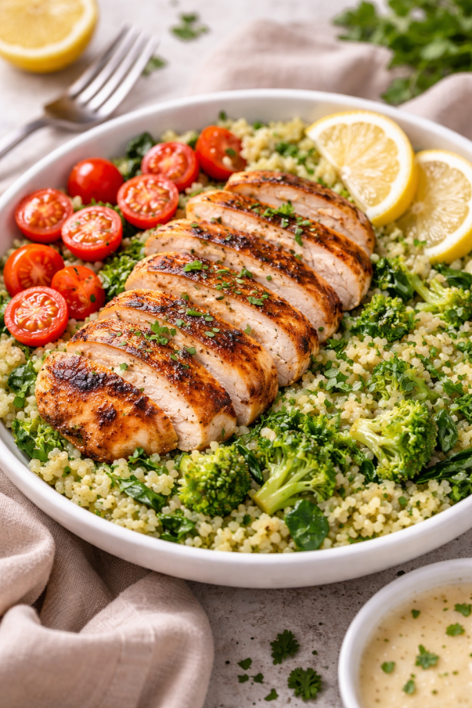 Lemon herb grilled chicken served over green couscous with broccoli, spinach and cherry tomatoes
