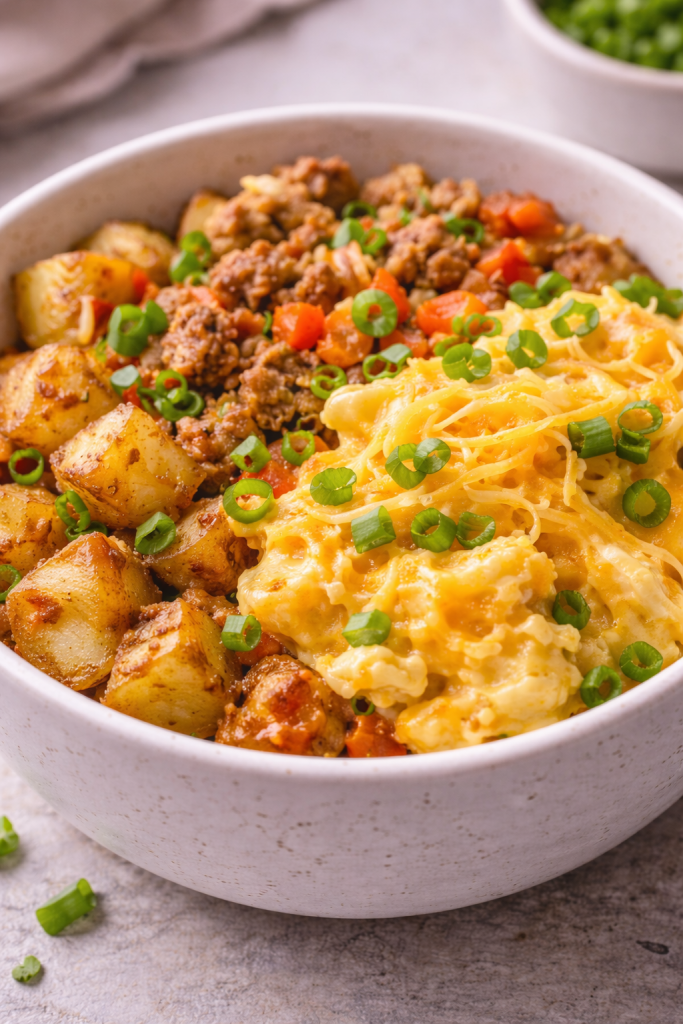 close up breakfast bowl with creamy scrambled eggs crispy potatoes and melted cheese