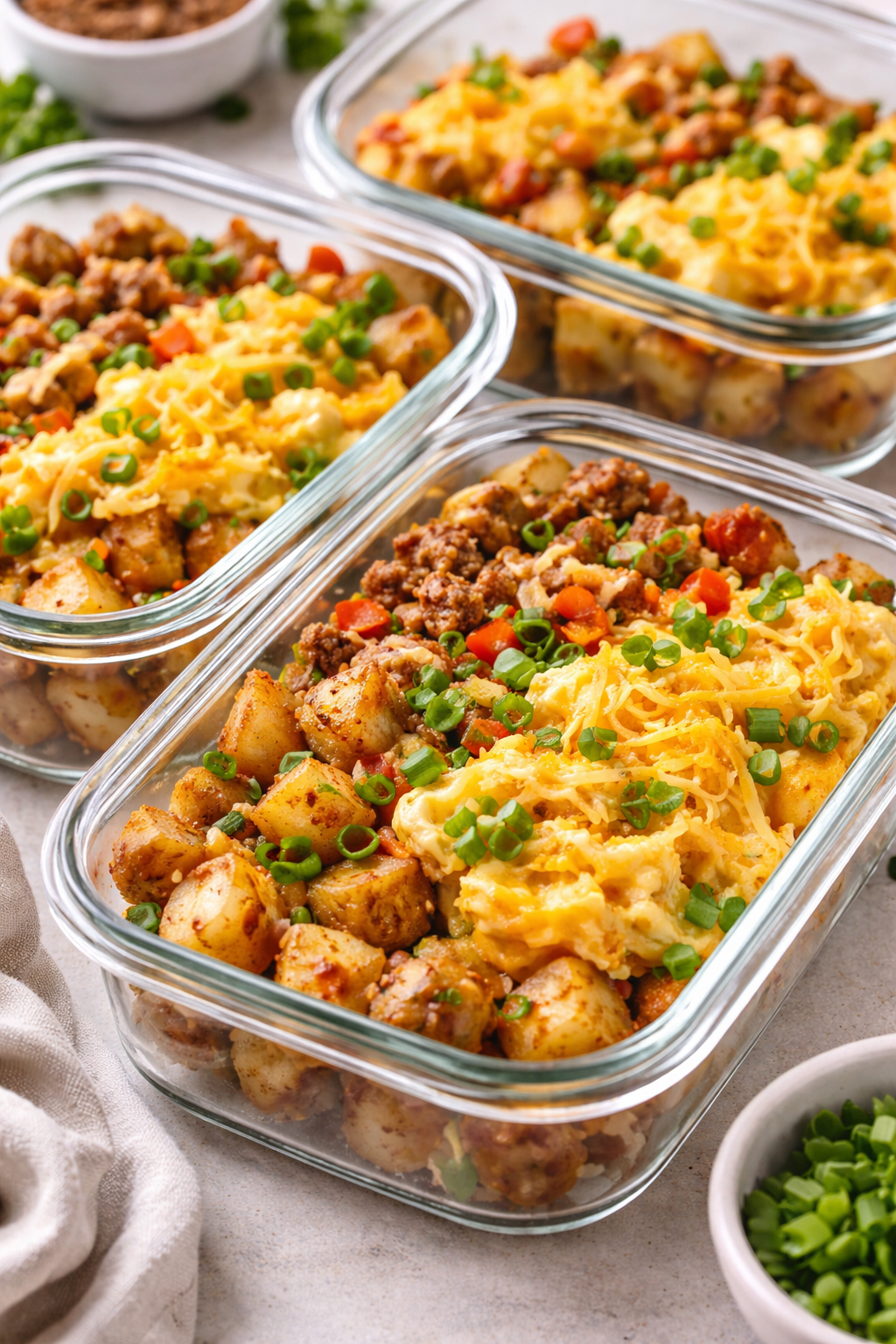 make ahead breakfast bowls with eggs potatoes sausage and cheese in glass containers