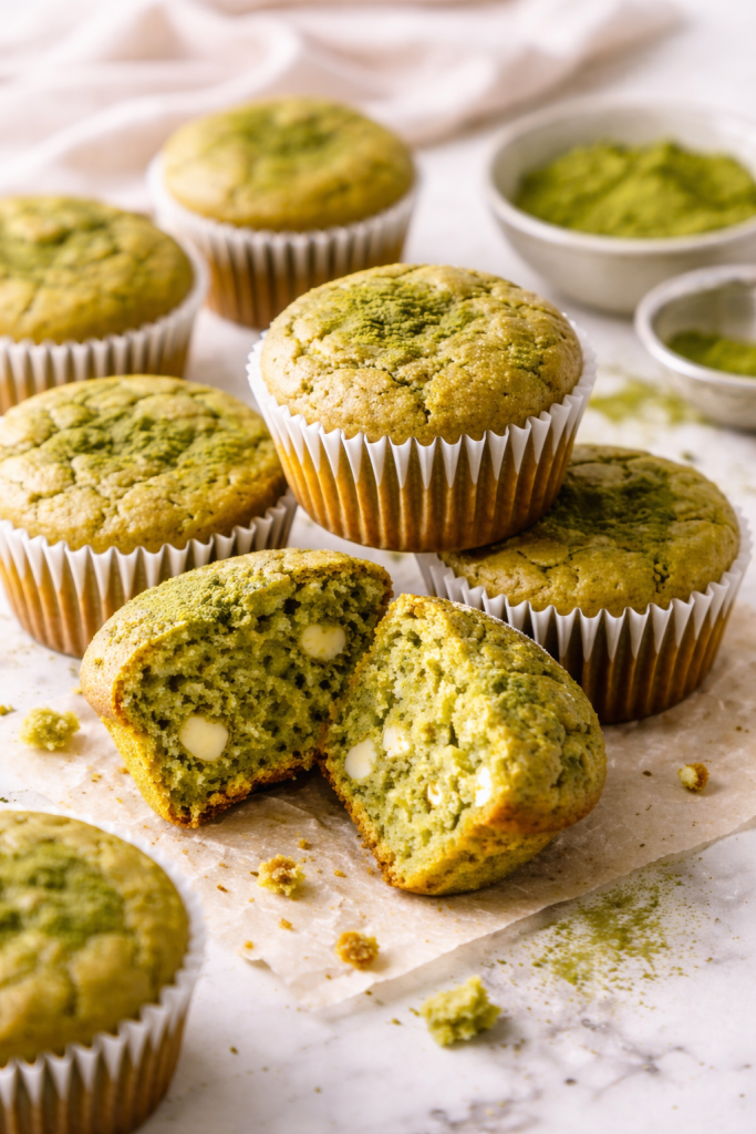 Soft and fluffy matcha muffins with a tender green crumb and white chocolate chips, one muffin cut open on a light background