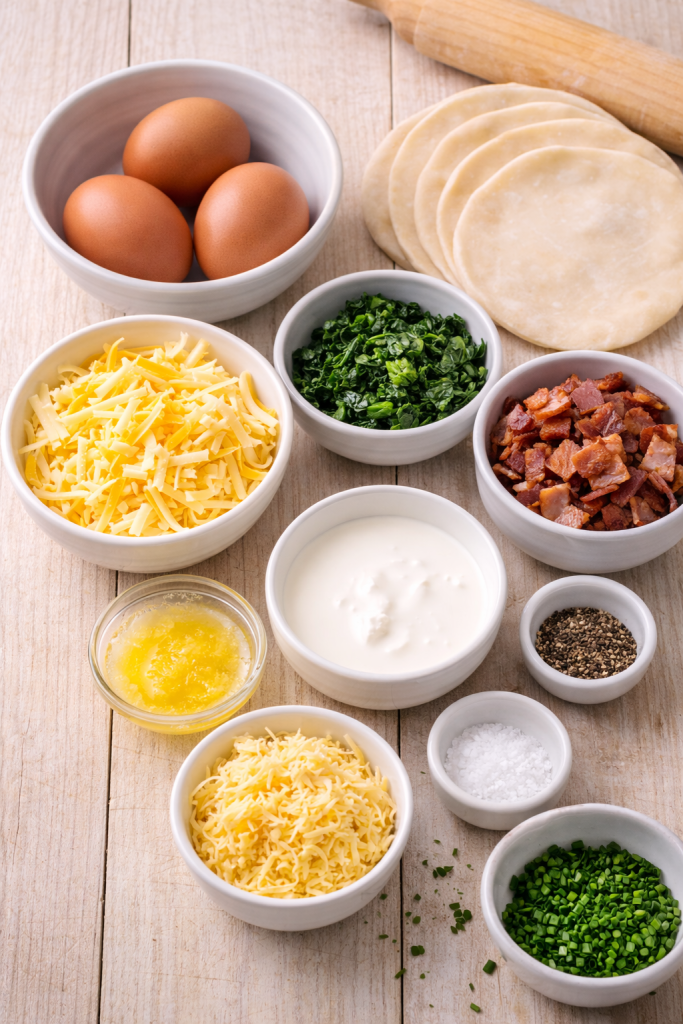 Ingredients for mini quiche arranged on a light wooden table including eggs, cream, cheese, pastry and fillings