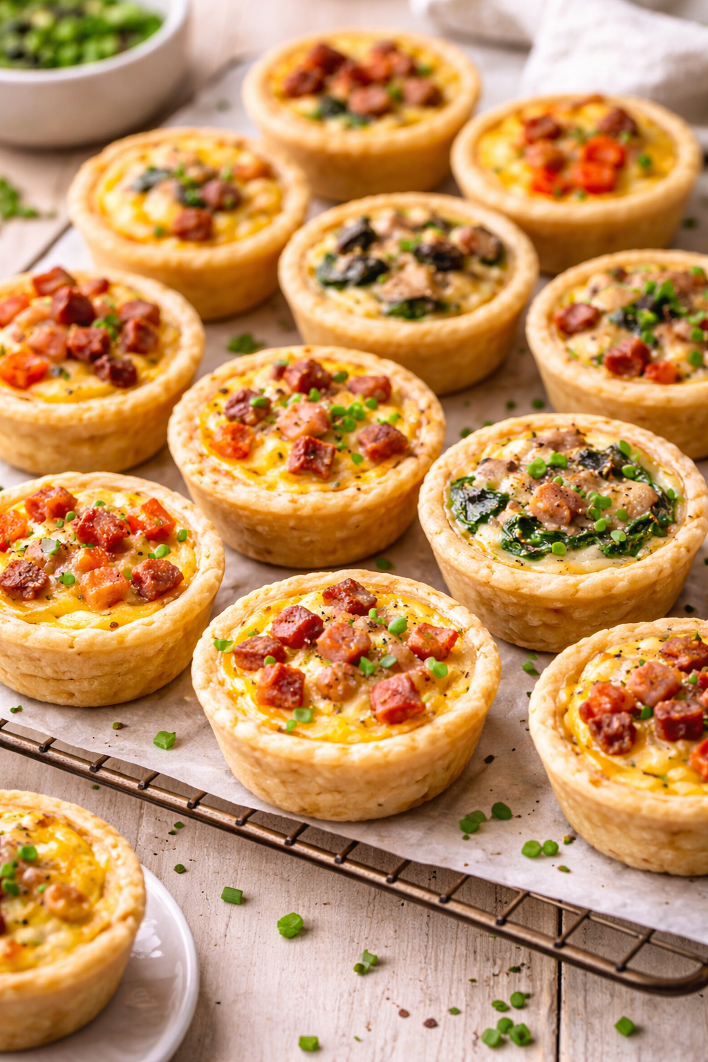 Mini quiche with golden crust and creamy egg filling topped with bacon, vegetables and herbs