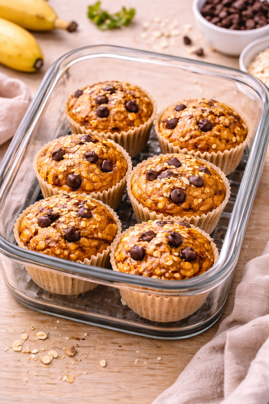 banana muffins in glass container on wooden table ninja crispi recipe