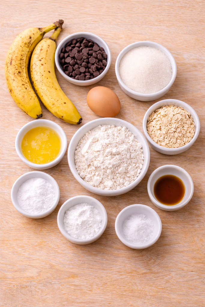 ingredients for banana muffins arranged on light wooden table ninja crispi recipe
