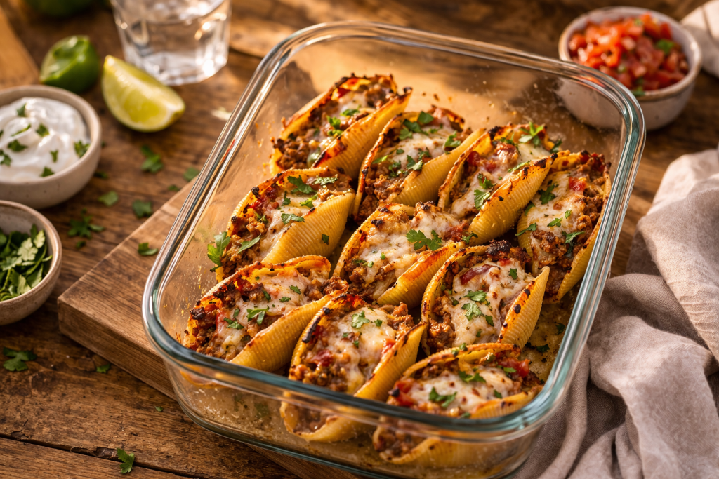 ninja crispi pasta tacos in glass dish on wooden table with melted cheese and meat
